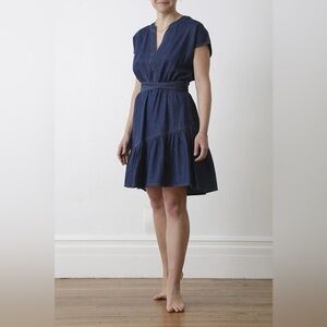 XIRENA DANI DRESS IN BLUE V NECK RUFFLED DENIM SIDE POCKETS M